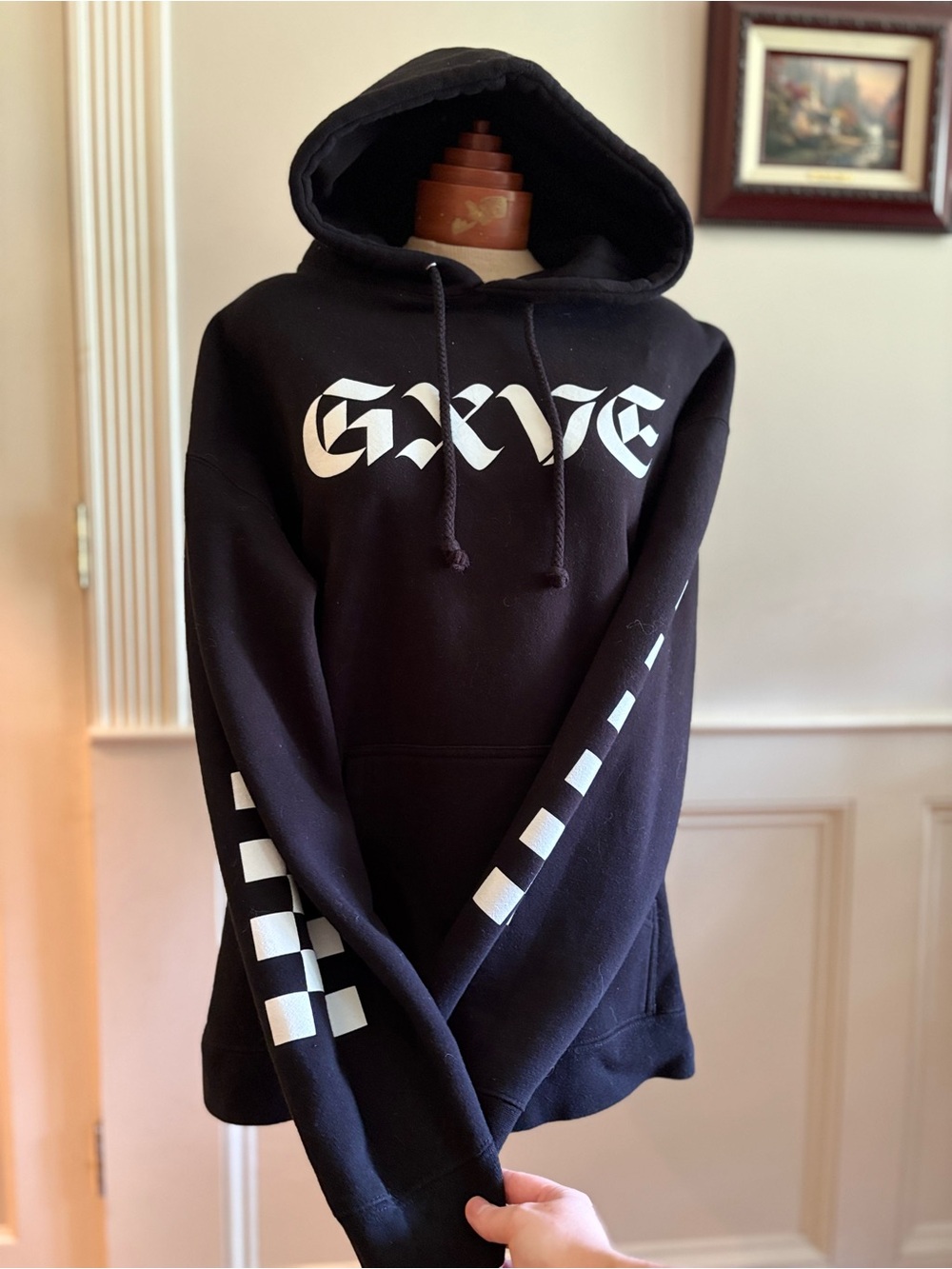Black Graphic Pullover Hoodie with White Gothic Logo